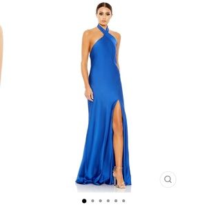 Mac Duggal Asymmetrical crisscross halter gown in cobalt blue